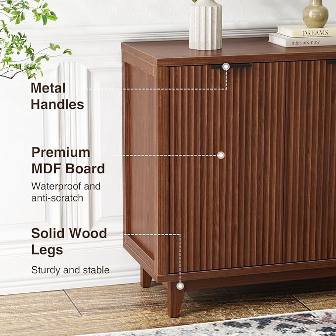 Fluted Cabinet with Storage, 2 Doors Sideboard Buffet, Mid Century Modern Accent Cabinet with Adjustable Shelves, Multifunctional Console Table with Storage for Living Room, Kitchen, Entryway