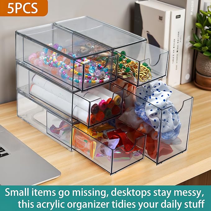 5 Pack Acrylic Makeup Organizer Clear Stackable Storage Drawers Tall Acrylic Bathroom Makeup Organizer for Cosmetic,Beauty Supplies,Ideal for Vanity, Undersink,Cabinet,Desk Home Organization-NeatNest