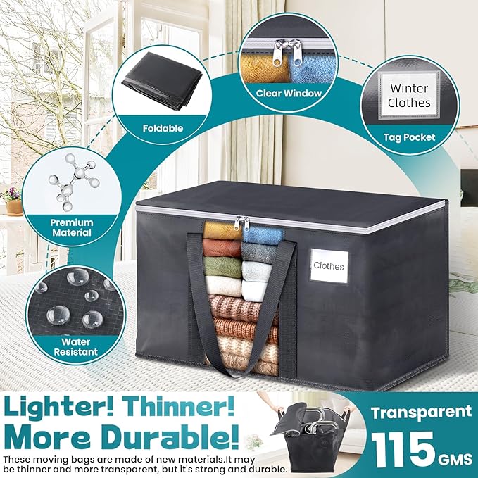 HomeHacks Extra Large Moving Bags with Visible PVC Window, Lightweight but Durable Storage Bags with Reinforced Handles, Storage Totes for Packing, Moving, Storage (93L, 6-Pack)