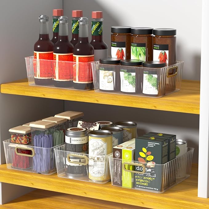 4 Packs Clear Plastic Storage Bin, Pantry Organizer Bin for Refrigerator, Kitchen, Freezer Organization