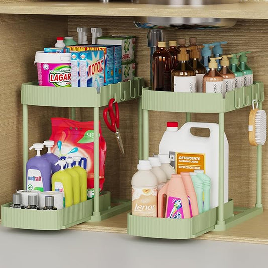 2 Pack Multi-Purpose Pull-Out Storage Organizers, Under Sink Organizers and Storage for Bathroom & Kitchen, Under Cabinet Organizers and storage, 12.8 Inch, Green-NeatNest
