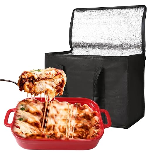 Casserole Carrier for Hot or Cold Food, Insulated Bag Lasagna Lugger Tote for Potluck Parties/Picnic/Cookouts, Fits 9"x13" Baking Dish Black Keep Food warmPans lid and Carrying case Container Heat-NeatNest