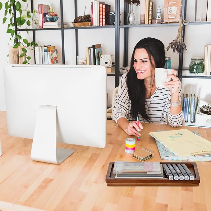Demigo Acacia Wood Valet Tray & Catchall (11.9x6x1 inch) - Wooden Desk Organizer for Office Supplies, Keys, Wallet & Mail - Entryway & Nightstand Decor-NeatNest