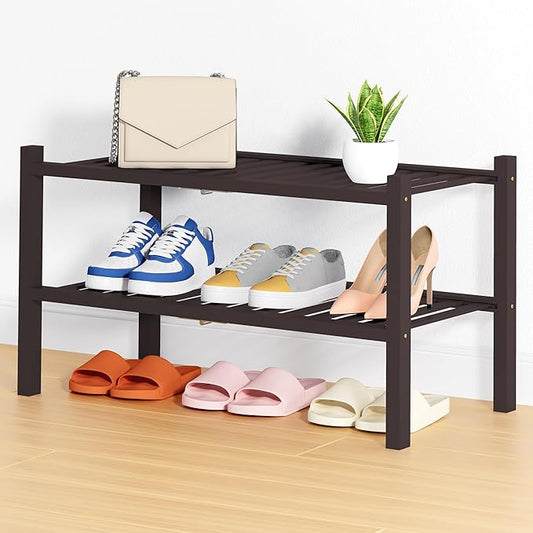 Smiry Shoe Rack, 2 Tier Thick Bamboo Shoe Organizer, Stackable Free Standing Wooden Shoe Storage Shelf for Closet, Entryway, Front Door Entrance, Brown-NeatNest