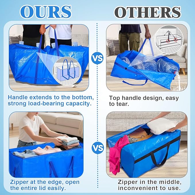 66 Gallon Extra Large Moving Bags - Heavy Duty Storage Bags with Zipper & Strong Handles, Blue Packing Bag for Moving, Storage, Travel and Camping, College Dorm & Home Supplies, 2 Pcs