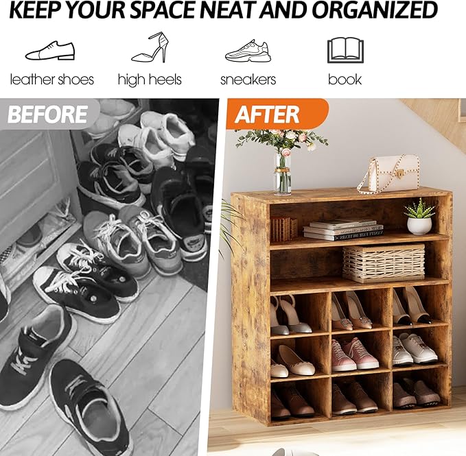 Garden 4 you Shoe Rack Organizer, 5-Tier Wood Cubby Shoe Rack with 2 Storage Shelf and 9 Cubbies, Shoe Organizer Cabinet for Entryway, Hallway, Closet and Garage,Brown-NeatNest