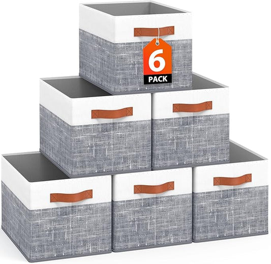 Fab totes Collapsible Storage Baskets for Shelves,14"x10", 6 Pack Foldable Fabric Storage Bins with Double Leather Handles, Large Baskets for Organizing Books, Clothes, White & Grey