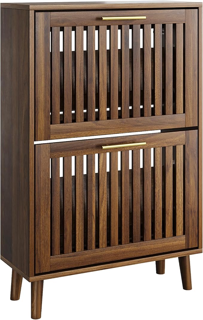 Vibe & Dine 2 Flip Drawer Shoe Cabinet, Narrow Shoe Rack with Gold Handles, Freestanding Shoe Storage Cabinet for Entryway Slim, Wood Shoe Organizer Cabinet for Hallway, Bedroom, Walnut-NeatNest