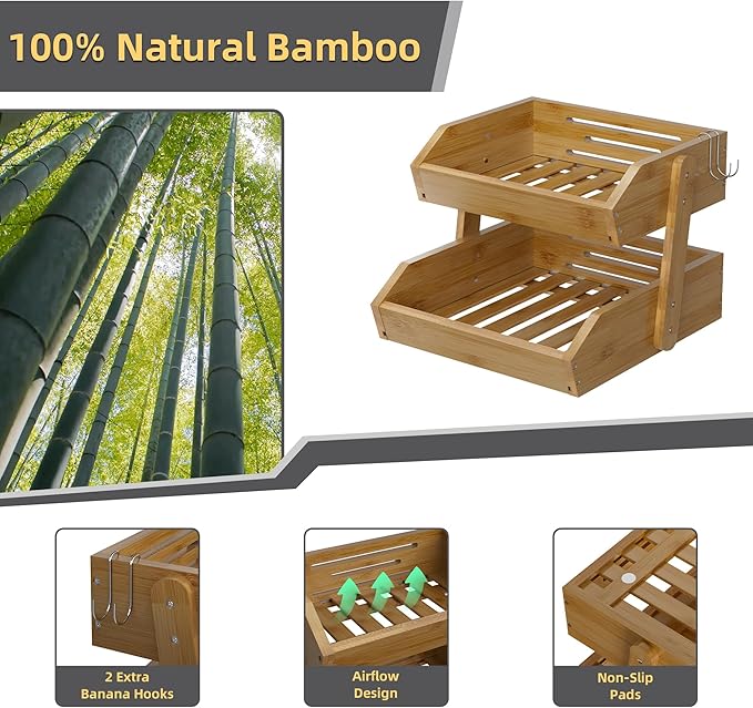 2 Tier Fruit Basket for Kitchen Counter, Large Capacity Fruit Storage Countertop, Fruit Holder, Wooden Pantry Organizers and Storage, Kitchen Countertop Organizer With Two Banana Hangers (Walnut)