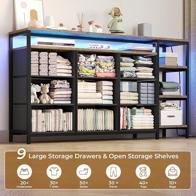 60 inch TV Stand Dresser for Bedroom with LED Lights & Charging Station, 9 Fabric Drawers, Entertainment Center with Drawers & Open Shelves for Living Room, Bedroom, Rustic Brown-NeatNest