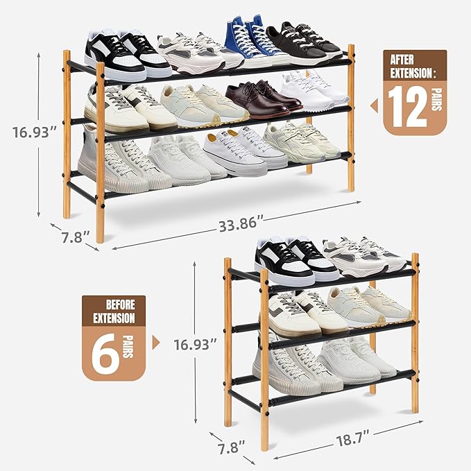 STORAGE MANIAC Expandable Shoe Rack, 16 Pairs Stackable Small Shoe Rack, Metal Adjustable Shoes Organizer for Closet, Entryway, Hallway, Garage, Front Door, Shoes Shelves, Bamboo 4 Tier-NeatNest