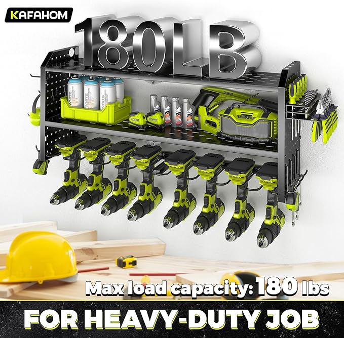 KAFAHOM Power Tool Organizer，Large 8 Drill Holder Wall Mount with 2 Side Pegboards,Metal Tool Shelf with 12 Hooks，Storage Rack for Garage Organization，Utility Cordless Drill Holder - Black