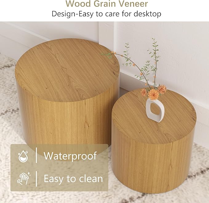 Nesting Coffee Table Set of 2, Round Wooden Coffee Tables Modern Circle End Table Side Tables for Small Spaces Living Room, Bedroom, Balcony, Office, Wood Color