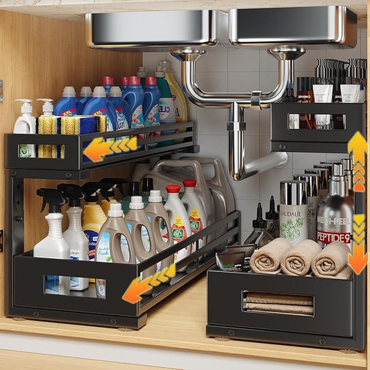 2-Pack 20.47"Deep Under Sink Organizer And Storage,2-Tier L-Shaped Pull Out Cabinet Organizer with Upgraded Slide Rails,Height Adjustable Drawers for Kitchen&Bathroom,Extra-Large Storage Shelves–Black-NeatNest