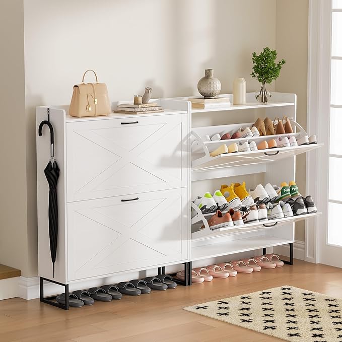Shoe Cabinet with 2 Flip Drawers, Freestanding Shoe Organizer with Removable Hooks, Narrow Shoe Rack Cabinet for Entryway, Hallway, Living Room, White