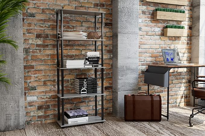 Furinno Turn-N-Tube 5-Tier Multipurpose Shelf / Display Rack / Storage Shelf / Bookshelf, Round Tubes, French Oak Grey/Black-NeatNest