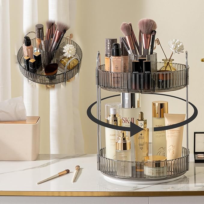 Rotating Makeup Organizer for Vanity, High-Capacity Skincare Clear Make Up Storage Perfume Organizers Cosmetic Dresser Organizer Countertop 360 Spinning (Gray, New-2 Tier)-NeatNest