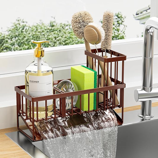 Cisily Kitchen Sink Caddy, Sponge Holder for Kitchen Sink, Kitchen Sink Organzier and Storage with High Brush Holder, Rustproof 304 Stainless Kitchen Gadgets Sink Accessories(Brown)-NeatNest