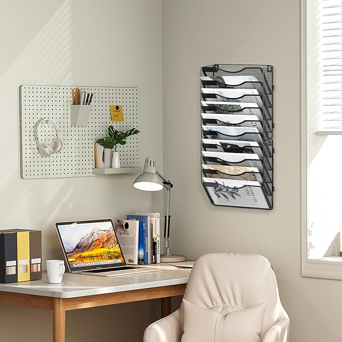 EasyPAG 10 Pocket Wall File Organizer, Black | Metal Mesh Wall Mounted File Holder | Assembly Hanging Mail Organizer | Replaceable Classify Labels | Office Home Letter Size Paper Storage