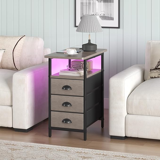 End Table with Charging Station,LED Side Tables with USB Ports and Outlets,Narrow Nightstands Bedside Tables with 3 Drawers for Small Space,Slim Sofa Table for Livingroom,Grey