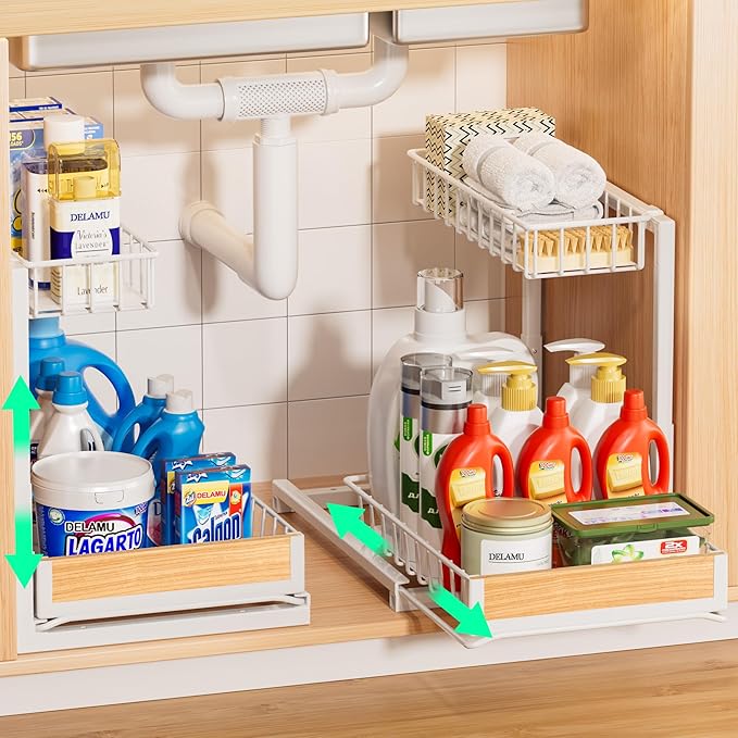 Delamu 2 Pack Under Sink Organizer and Storage, Height Adjustable Under Kitchen Sink Organizer, 2 Tier Pull Out Under Cabinet Organizer, White Under Counter Storage for Kitchen Bathroom-NeatNest