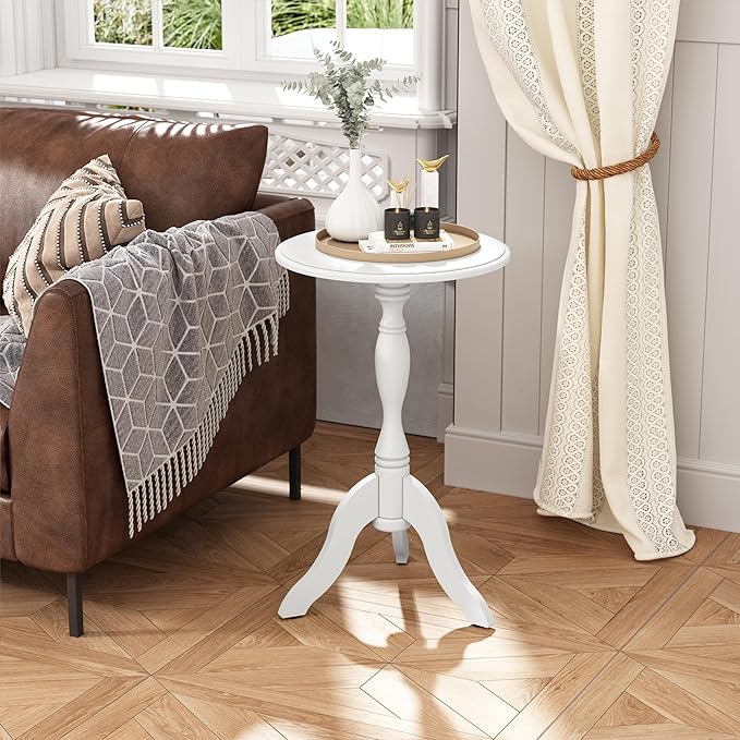 HLR Round Small End Table, Wooden Pedestal Side Coffee Tables, Vintage Accent Nightstand for Living Room, Bedroom, Entryway (1, Solid White)
