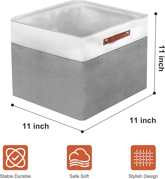 11in Open Fabric Storage Basket with Leather Handles for Organizing, Collapsible Linen Closet Bins for Shelves, Closets, Laundry, Decorative Basket for Gifts. (White＆Gray, 2PCS/11x11in)-NeatNest