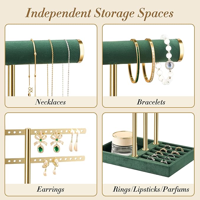 3 Tier Bracelet Holder Display - Detachable T Bar Dark Green Velvet Bracelet Holder, Jewelry Holder Organizer for Bracelet, Necklace, Earrings, Rings