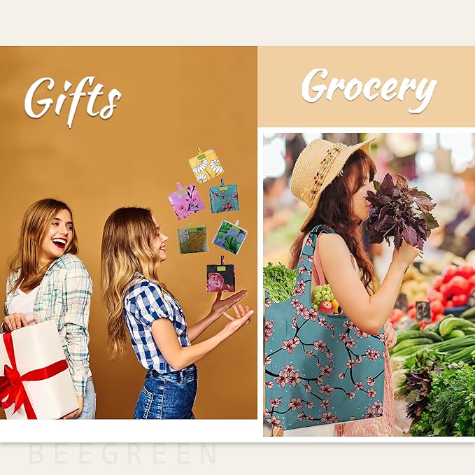 BeeGreen Floral Foldable Grocery Reusable Bags Large Shopping Tote for Groceries Cute Cloth Bags With Handles Gift Bag Groceries Tote -bag Bulk Polyester Heavy Duty Holiday-NeatNest