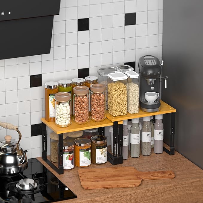 Expandable Kitchen Cabinet Organizer Shelves – Stackable Adjustable Metal and Wood Storage Racks for Countertop, Pantry, Garage Set of 2 Spice Rack – Easy Assembly, Space-Saving(1 Pack/Large/Black)-NeatNest