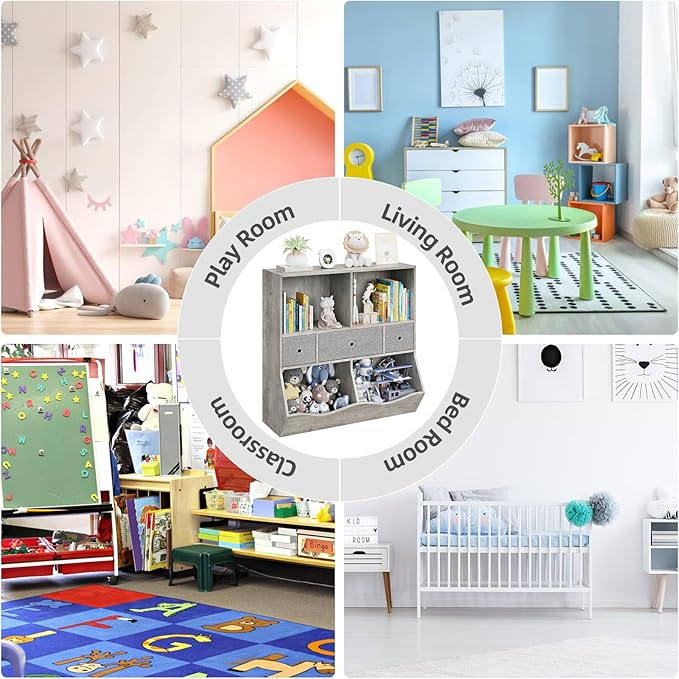 IDEALHOUSE 7-Cubby Large Kids Toy Storage Organizer, Children Wood Bookcase and Bookshelf, 3-Tier Toy Storage Cabinet with 3 Drawers for Hallway, Playroom, Living Room, School,Gray