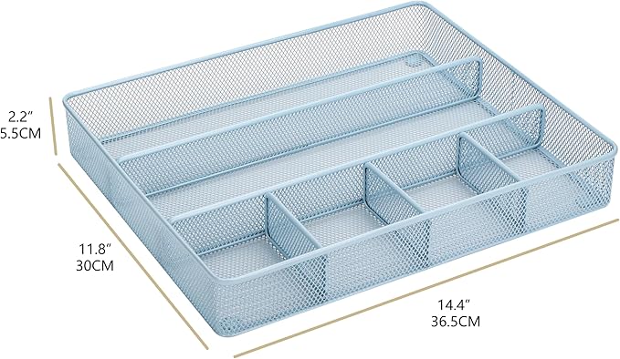 Annova Desk Top Organizer/Storage Tray - Metal Mesh with Dividers for Pens, Desktop Accessories, Bathroom, Kitchen, Makeup and Office Supplies (Large, Morandi Blue)-NeatNest