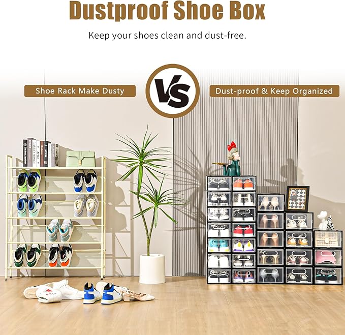 Clemate 15 Pack Shoe Storage Boxes, Clear Plastic Stackable Shoe Organizer for Closet, Shoe Box with Magnetic Door, Foldable Shoe Storage Bin, Sneaker Storage Box Shoe Rack Container Holder, Size 11-NeatNest