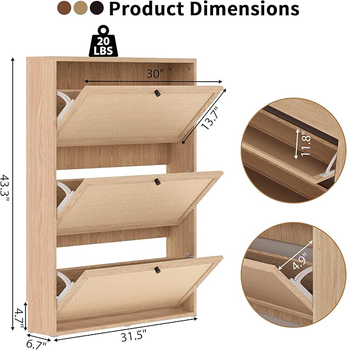 AVZEAR Narrow Shoe Storage Cabinet for Entryway with Natural Linen Panel, Freestanding Slim Shoe Cabinet with 3 Flip Drawers, Wood Shoe Organizer Closed Shoe Rack for Hallway, Living Room(Natural)-NeatNest