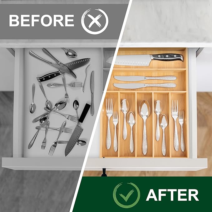 Bellsal Natural Utensil Organizer 12.5 Inch Silverware Organizer for Drawer Utensil Holder Cutlery Organizer Kitchen Drawer Organizer 7 Compartment Small Narrow Bamboo-NeatNest