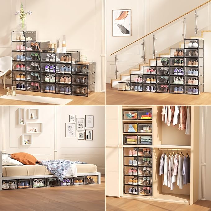 12 Pack Large Shoe Organizer Storage Boxes for Closet, Modular Space Saving Shoe Boxes Clear Plastic Stackable Sneaker Containers Display Case with Lids, Black05-NeatNest