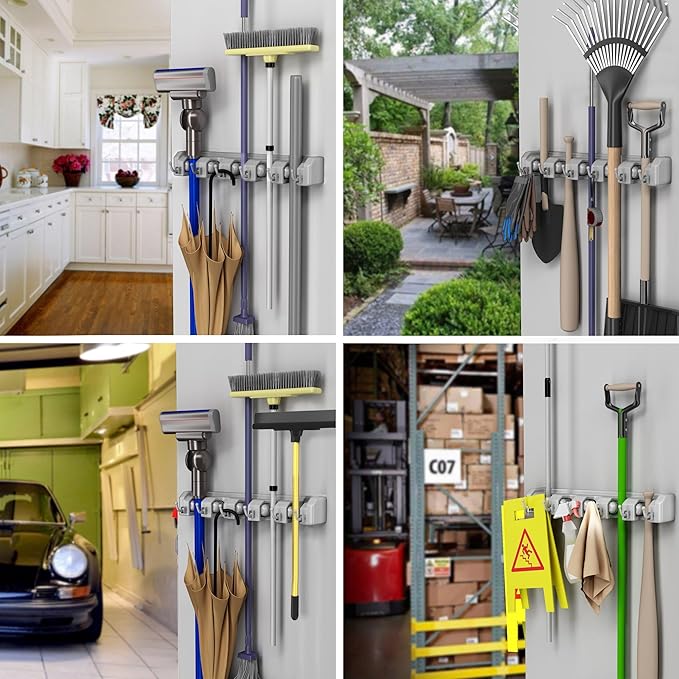 Wall Organizer with Adjustable Slots and Hooks - Wall-Mounted Tool and Broom Holder - Organization and Storage for the Kitchen and Garage by Stalwart