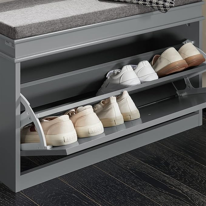 Haotian Grey Hallway Shoe Bench, Narrow Shoe Rack with Adjustable Shelf, Small Shoe Cabinet with 1 Flip-Drawer and Seat Cushion, FSR82-K-HG-NeatNest