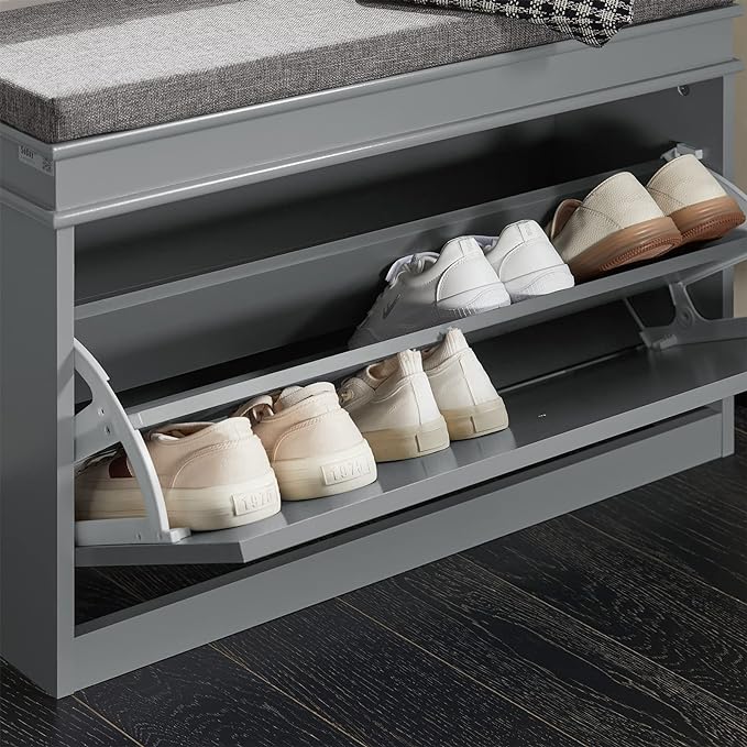 Haotian Shoe Storage Bench with Cushion, Grey Narrow Shoe Rack for Entryway, Small Shoe Cabinet with 2 Tiers Flip-Drawer, Closet Hallway Mudroom FSR82-L-HG-NeatNest