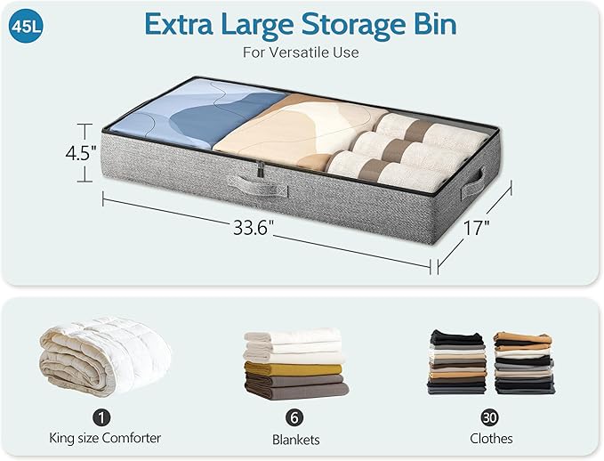 2-Pack Under Bed Storage Containers, 4.5 Inches Tall Low Profile Underbed Clothes Storage Organizer Bin with Sturdy Sidewalls/Bottom, Underbed Storage Bins 2 Storage Thin Bins-NeatNest