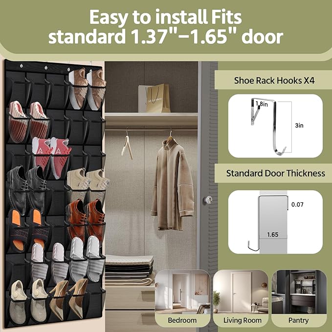 PAULONE 35 Pocket Over the Door Shoe Organizer,Reusable Breathable Large Mesh Bag Men's & Women's Sneaker Organizer,Shoe Organizer for Kids,Hanging Shoe Storage Hanging Bag (Black)-NeatNest