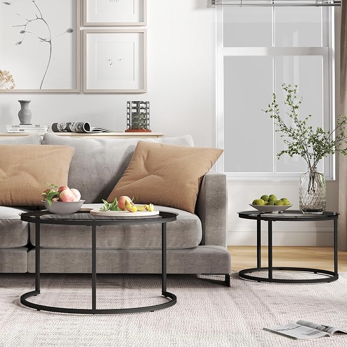 31.5" Nesting Coffee Table Set of 2, Round Nesting Coffee Tables with Tempered Glass Top, End Tables with Metal Frame for Living Room, Bedroom, Grey Transparent Glass
