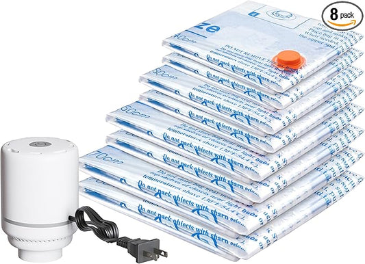 Vacuum Storage Bags with Electric Air Pump 8 Combo (2 Jumbo/2 Large/2 Medium/2 Small), Plastic Packaging Bags,Travel Vacuum Bags For Luggage,Clothes, Pillows, Comforters, Blankets, Bedding-NeatNest