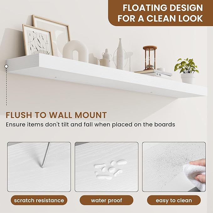 fuqing Floating Shelves for Wall, Bathroom Shelf Wall Mounted for Storage, Shelves with Invisible Bracket for Bedroom, Kitchen, Living Room, Farmhouse Small Book Shelf, 55 Inch Set of 2, White-NeatNest