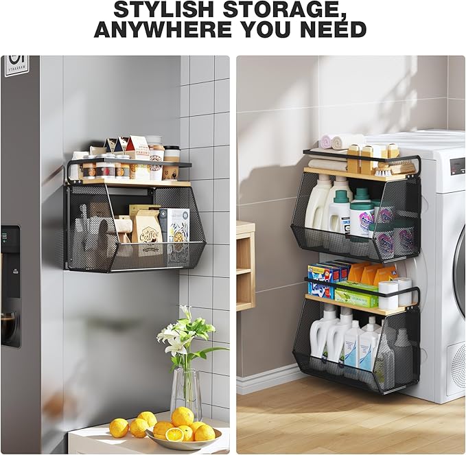 Magnetic Shelf for Fridge with Wide & Thick Magnet, 1 Pack Refrigerator Organizer Basket with Bamboo Top, Storage for Fruit, Potato, Onion, Kitchen, Pantry, Laundry (Black, 13.8" x 6.8" x 11.8")