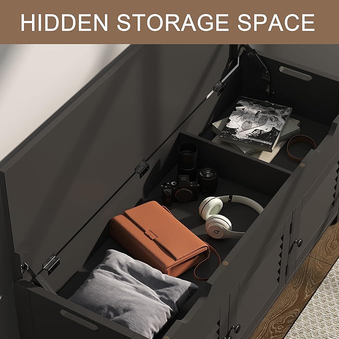 ChooChoo 41.3" Shoe Storage Bench with Lift Top Storage, Entryway Bench with Cushioned Seat, Adjustable Shelf, Shoe Cabinet with Hidden Space, for Entryway, Bedroom, Living Room, Black-NeatNest