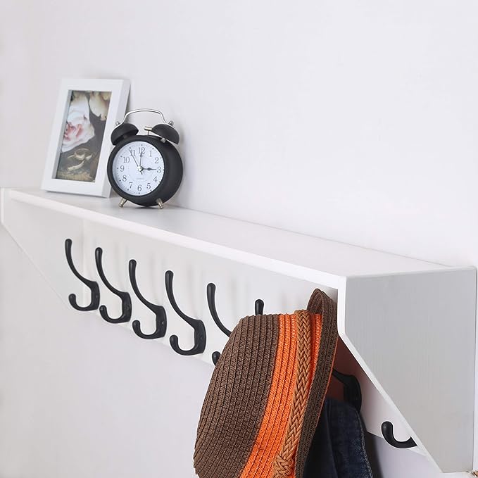 DSEAP Heavy Duty Coat Rack Wall Mount with Hooks and Shelf, Ideal for Entryway, Mudroom, Kitchen, Bathroom - White & Black
