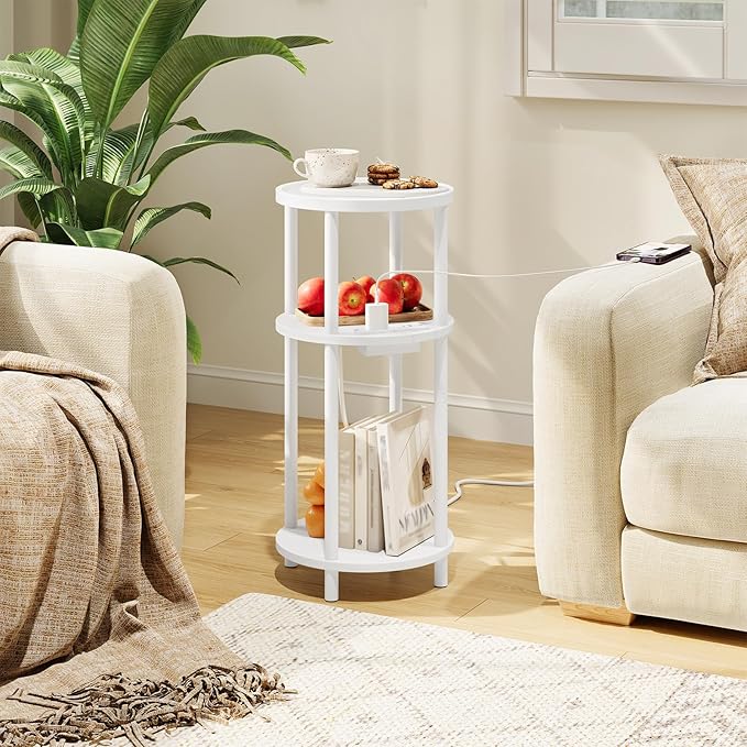 HOOBRO Set of 2 Small Round Side Tables with Charging Station, 3-Tier Round Bamboo End Tables, Easy Assembly, for Living Room, Bedroom, Apartment, White WT152UBZP201