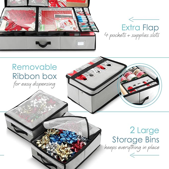 Hearth & Harbor Wrapping Paper Storage Container with Ribbon Dispenser and Interior Pockets - Large Christmas Storage Containers with Wheels, Fits 30 Rolls of 40" Length, Silver-NeatNest