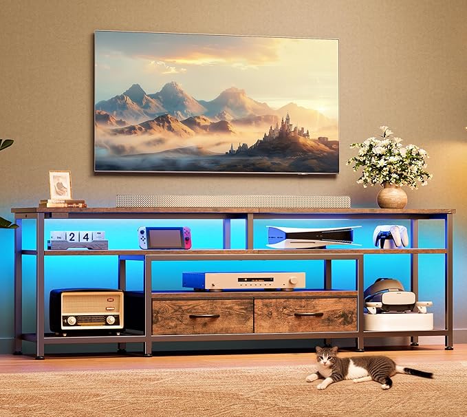 Huuger TV Stand for 65, 70 Inch TV, Entertainment Center with Power Outlets and LED Lights, TV Console for Living Room, Media Console with Drawers and Shelves, Rustic Brown-NeatNest